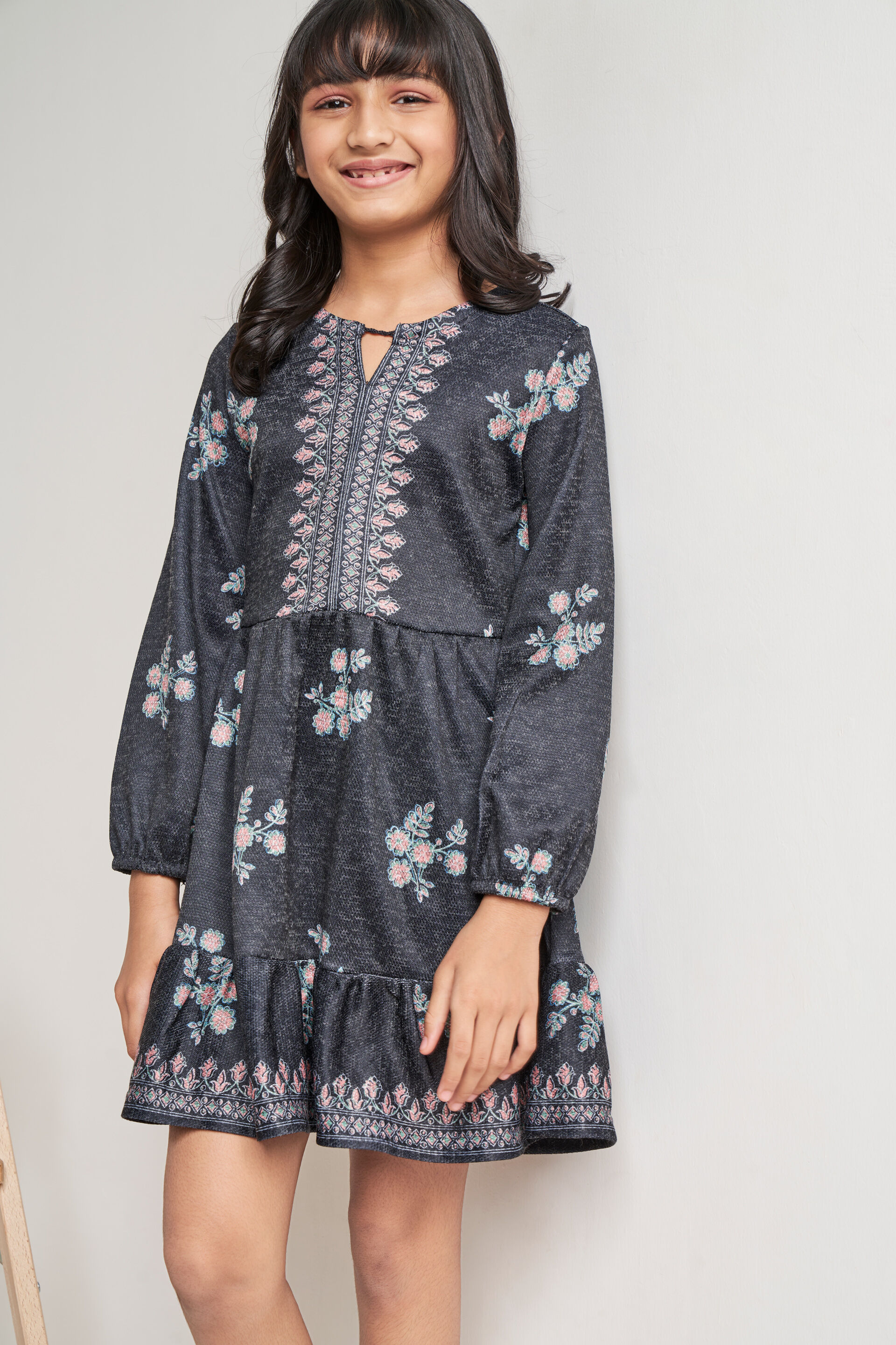 Grey Floral Keyhole Neck Dress, Grey, image 6